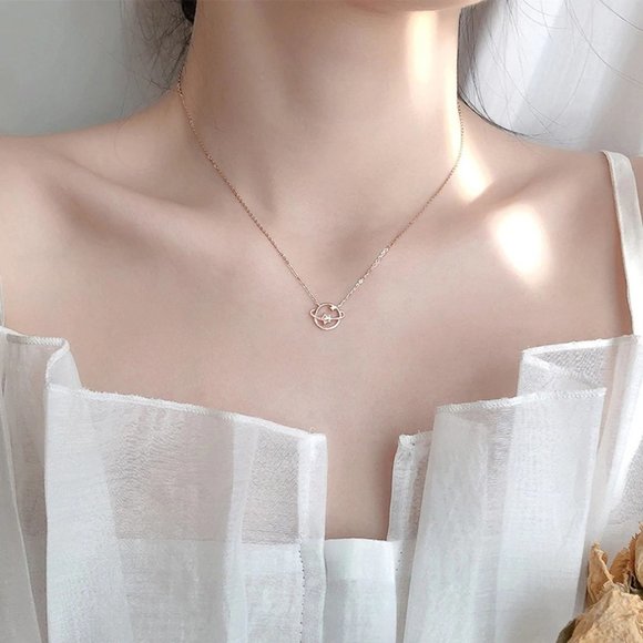 Rose Gold/Sterling Silver Diamond Planet Necklace - Picture 4 of 7